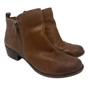 Lucky Brand Basel Bootie Women’s 8 Brown Leather Ankle Boots Zip Block Heel